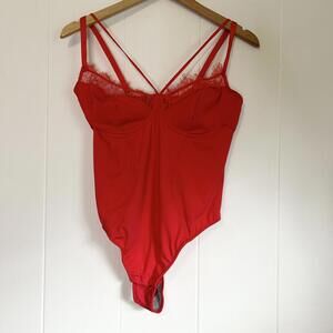 Unbranded Red Strappy Floral Lace Trim Bodysuit One Piece Women's Large